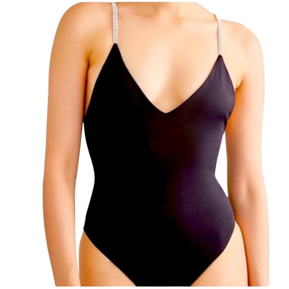 Just Polly v neck Large diamond rhinestone bodysuit‎ whimsygoth y2k emo glam